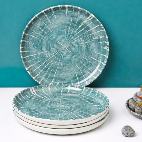Image of MARKET 99 Dreams Blue Melamine 14 Piece Dinner Set, Round Glossy Vertical Stripe Design with 4 Full Plates, 4 Quarter Plates, 4 Soup Bowls & 2 Serving Bowls, Food Safe Dinnerware