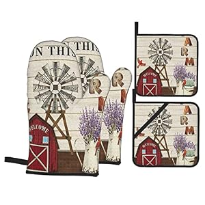 Oven Mitts and Pot Holders Sets of 4,Farmhouse Windmill and Barn House Lavender Cardinal Bird Country Style,Oven Mitts Heat Resistant Oven Gloves Set Potholders for Kitchen Baking Grilling Oven Mitts and Pot Holders Sets of 4Farmhouse Windmill and Barn House Lavender Cardinal Bird Country StyleOven Mitts Heat Resistant Oven Gloves Set Potholders for Kitchen Baking Grilling