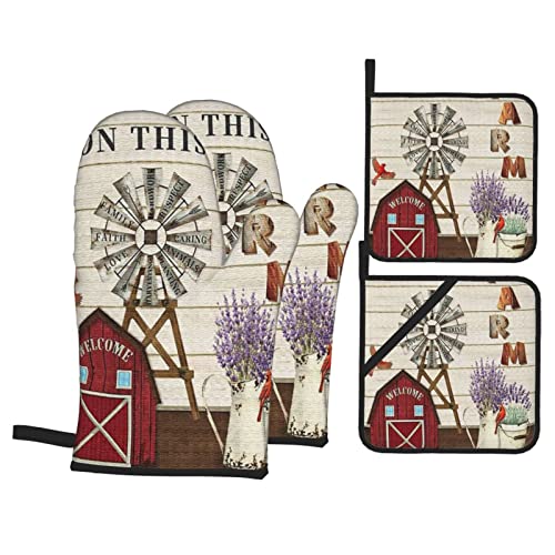 Oven-Mitts-and-Pot-Holders-Sets-of-4Farmhouse-Windmill-and-Barn-House-Lavender-Cardinal-Bird-Country-StyleOven-Mitts-Heat-Resistant-Oven-Gloves-Set-Potholders-for-Kitchen-Baking-Grilling Oven Mitts and Pot Holders Sets of 4Farmhouse Windmill and Barn House Lavender Cardinal Bird Country StyleOven Mitts Heat Resistant Oven Gloves Set Potholders for Kitchen Baking Grilling