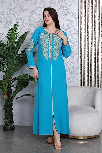 Caftan marocain pour soirée et Mariage - Takchita Marocaine - Elégant Caftan avec Une Ceinture dorée, Broderie et Perles sur l'avant et Les Bras - Couleur Bleu Ciel - Taille M – vue 4