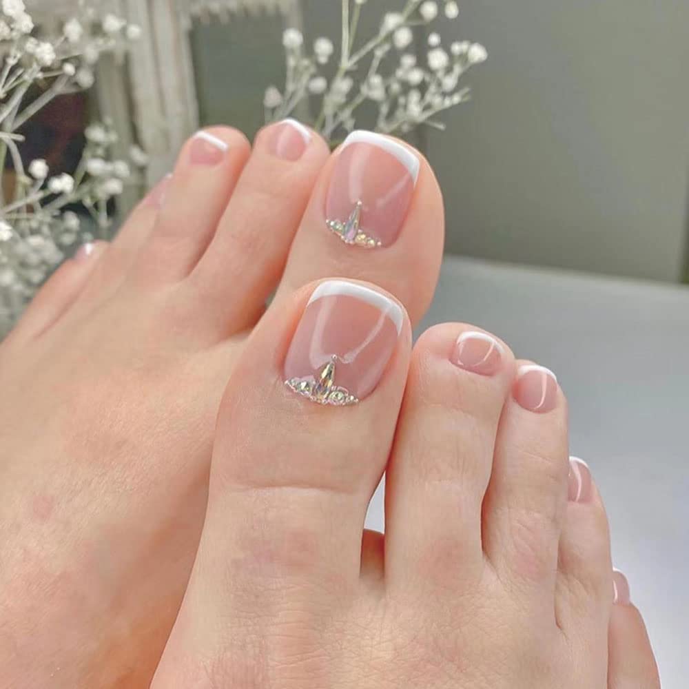 Amazon.com: French Tip Press on Toenails Short Square Fake Toenails with  Rhinestone Fashion False Toe Nails Summer Full Cover Reusable Waterproof  Acrylic Manicure Toenail Tips Set for Women 24pcs : Beauty &
