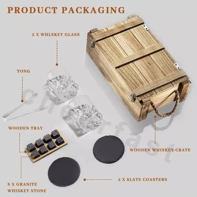 Set de accesorios de whiskey con dos vasos y piedras reutilizables 4