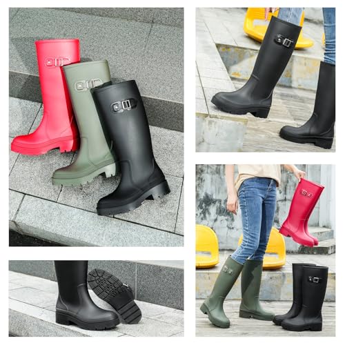 Lvptsh Gummistiefel Damen Hoch Regenstiefel Langschaft Wellington Boots Wasserdichte Gummischuhe Garten Stiefel Anti Rutsch Rain Boots,Schwarz,EU39