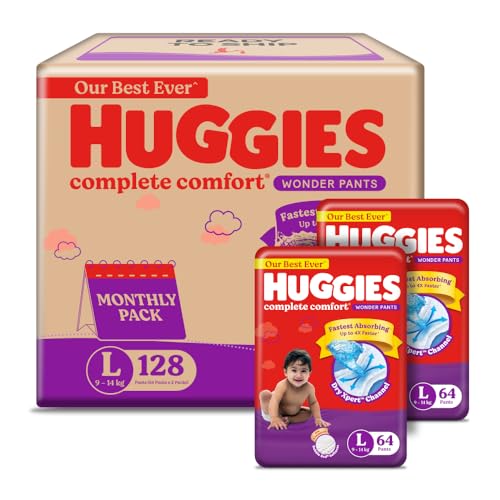 Image of Huggies Complete Comfort Wonder Pants | Pant Style Baby Diapers L Size, 128 Count | India's Fastest Absorbing Diaper, Patented Dry Xpert Channel, Ideal for 9 to 14 Kgs (Pack of 2)