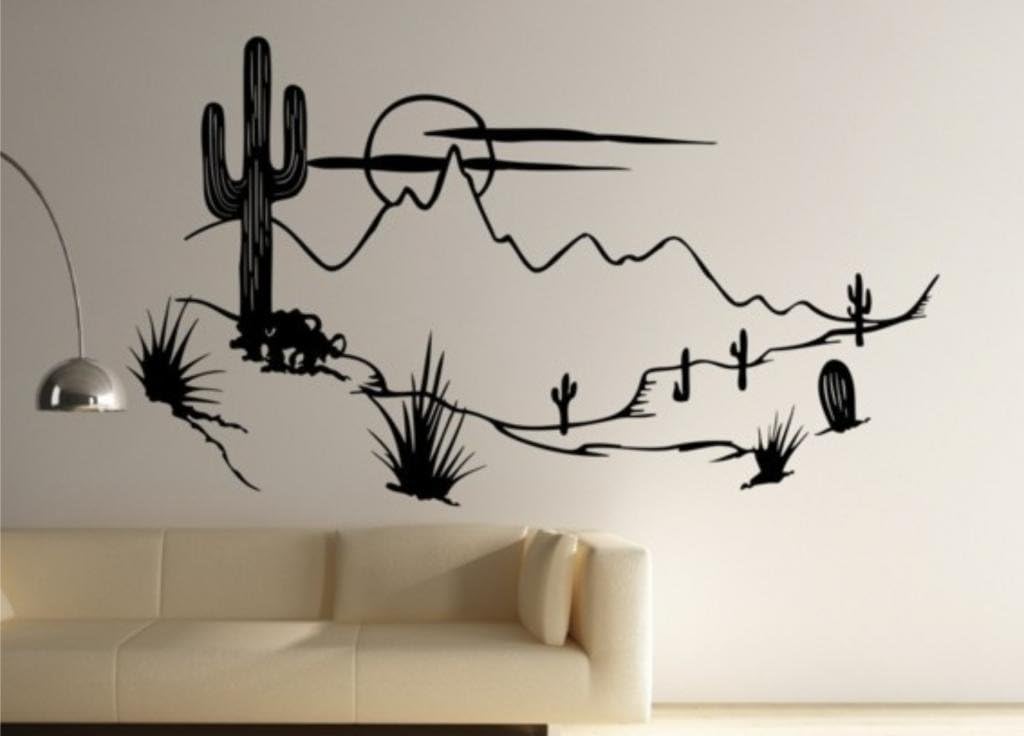 Desert Scenery Vinyl Wall Decal Size 48 W by 28 H, Desert Decals, Cactus Decal, Cactus Decals, Southwest, Cactus Stickers, Sahara, Mojave, Saguaro Wall Decor, Plus Free 12 White Hello Door Decal