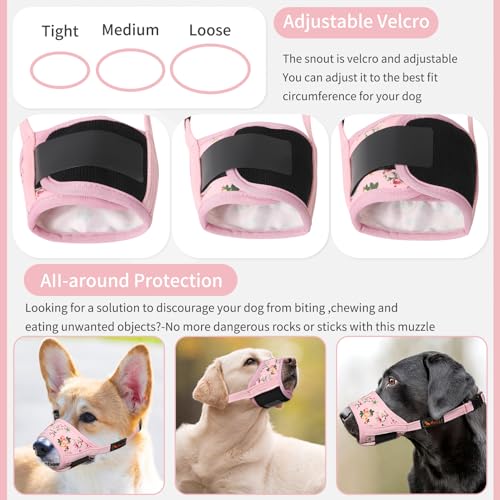 HEELE Hund Maulkorb, Maulkörb für Hunde, Weiche Nylon Drucken Maulkorb Air Mesh Atmungsaktiv Einstellbar Schleife Muster Haustiere Maulkörbe für Kleine Mittlere Große Hunde, Pinke Blume, S