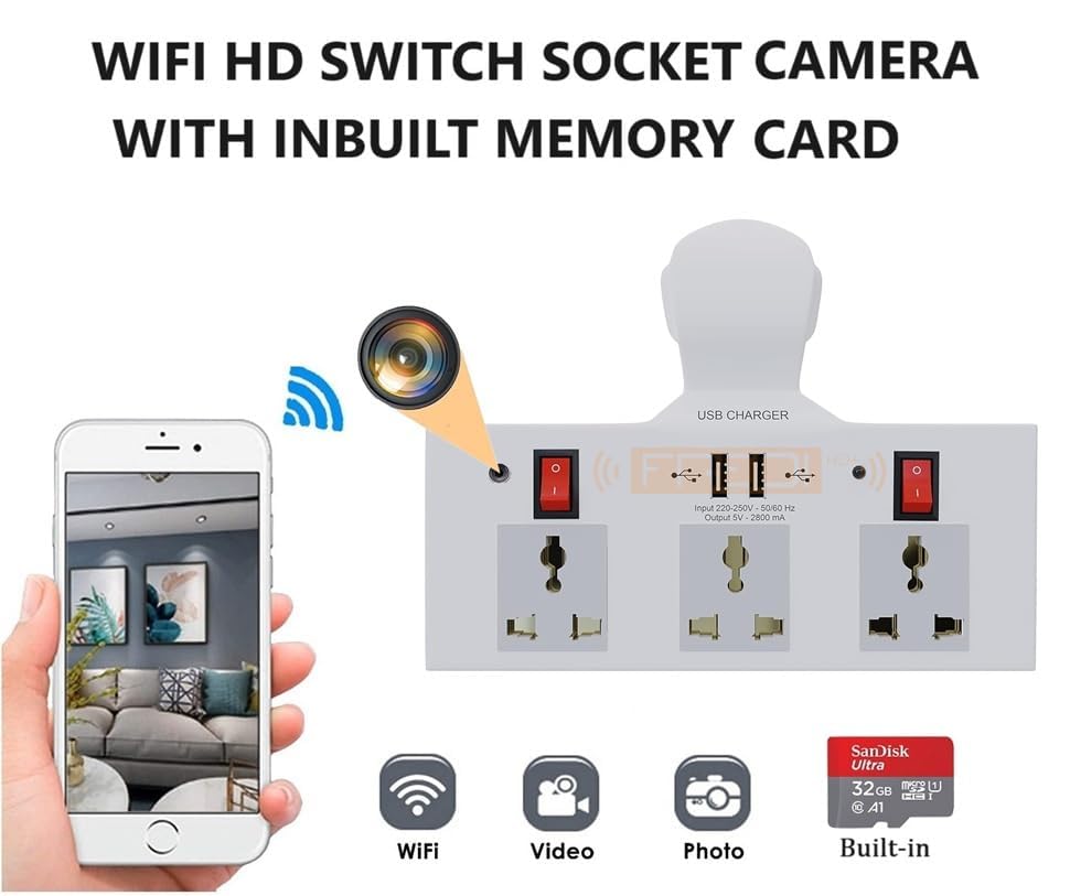 Image of FREDI HD PLUS 3 Pin Socket WiFi Camera 1080P HD | 32GB Inbuilt Storage | Live View on Mobile & PC | AC Powered | Loop Recording | Indoor Security Camera