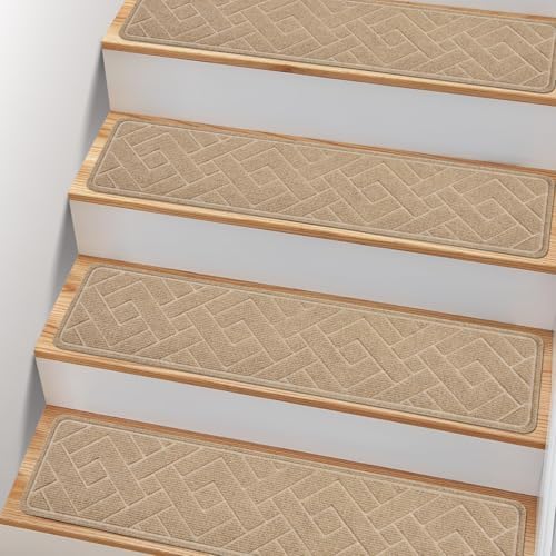 Non Slip Stair Treads for Wooden Steps,15 Pack 8" X 30" Stairs Carpet Treads Indoor with Reusable Peel and Stick Adhesive for Kids Elders and Pets,Polyester TPR Backing