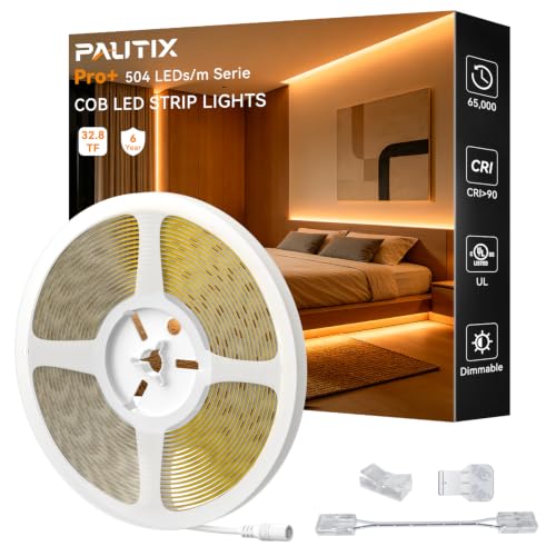 Image of PAUTIX COB LED Strip Light 32.8ft /10m 5040LEDs Amber 2000K CRI90+ High Lumen,DC24V Flexible LED Tape for Cabinet Home DIY Lighting Projects with 1pcs COB Connector Wire(Power Supply Not Included)
