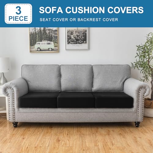 Image of Couch Cover Stretch Velvet Sofa Cushion Cover 3-Piece - Elastic Washable Slipcover for Seat /Backrest, Couch Seat Covers for Sofas (Black)