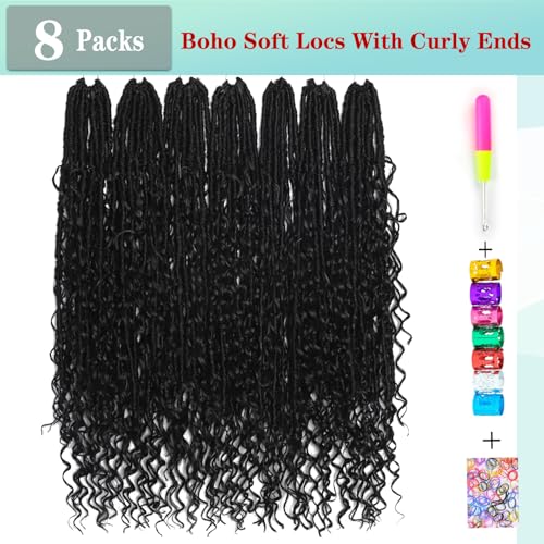 Boho Faux Locs Crochet Hair 24 Inch Goddess Locs 8 Packs Boho Soft Locs Crochet Hair with Curly Ends Pre-looped Long Bohemian River for Black Women (1B# - Image 3