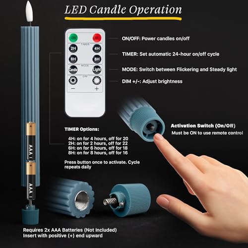 Image of 10 inch Fluted Ribbed LED Blue Grooved Real Wax Taper Candles, Remote & 24h Timer Memory, On /Off Switch - Flameless Dimmable Battery Operated w /Flicker Mode, Home Wedding Decor (6 Pack)
