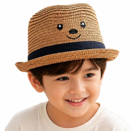Image of VRITRAZ Kids Straw Hat for Baby Boys & Girls | Printed Summer Sun Hat, Woven Wide Brim Beach Cap, Lightweight Breathable Holiday Travel Picnic Outdoor Fancy Dress Fashion Hat for Children & Toddler