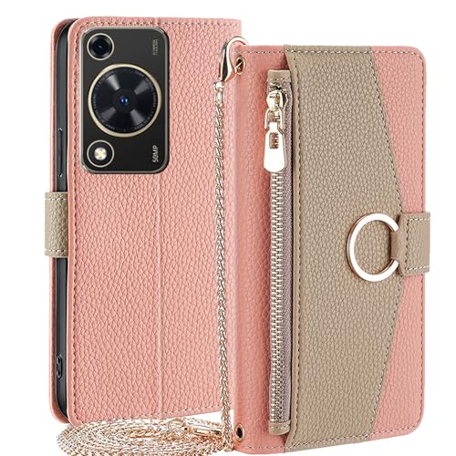 YOUULAR Wallet Case with Crossbody Strap Compatible for Huawei Pura 70 Ultra, Magnetic Handbag Zipper Pocket Cases PU Leather Flip Shockproof Cover with Kickstand Pink