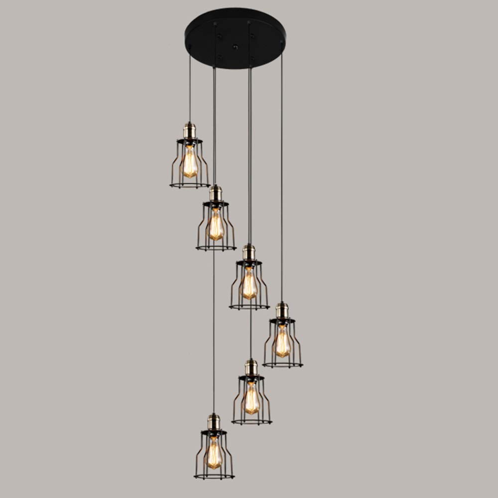 Abinlina Retro Industrial Style Long Pendant Light for High Ceilings - Black Wrought Iron Chandelier for Living Room, Staircase, and Dining Room(6 Lights)