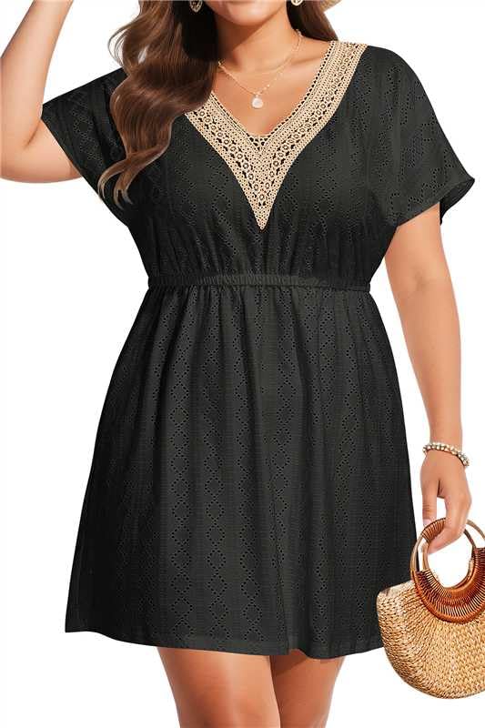 Plus Size Swimsuit Cover Up - Women Hollow Out Lace V-Neck Casual Swimwear Coverups