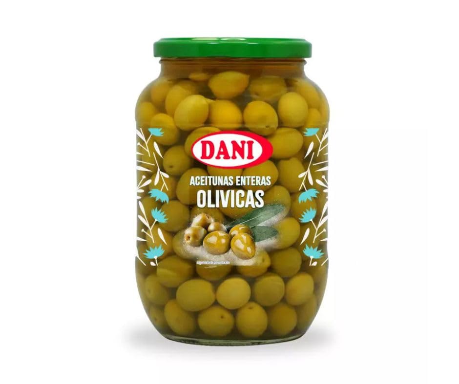 DANI Aceitunas Gourmet - Chupadedos, Aliño Casero, Olivicas y más - Sabor Tradicional 850ml + Regalos con 3 Und (2 Botes 850ml., Aceitunas olivicas entera)