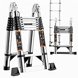 Telescopic Ladder, 4.2M/13.7ft Stainless Steel Thickened Loft Ladder, 150kg Capacity Portable Folding Ladders with Stabiliser Bar and Non-Slip Feet for Home, Loft