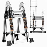 Telescopic Ladder, 4.2M/13.7ft Stainless Steel Thickened Loft Ladder, 150kg Capacity Portable Folding Ladders with Stabiliser Bar and Non-Slip Feet for Home, Loft