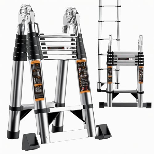 Telescopic Ladder 4.2M/13.7ft Stainless Steel Thickened Loft Ladder 150kg Capacity Portable Folding Ladders with Stabiliser Bar and Non-Slip Feet for Home Loft