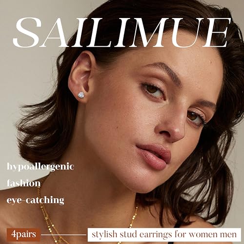 SAILIMUE Hypoallergenic Sterling Silver Stud Earrings for Women Men Brilliant Heart Knot Round Cubic Zirconia Earring Studs for Sensitive Ears Gold Silver Tone — view 3