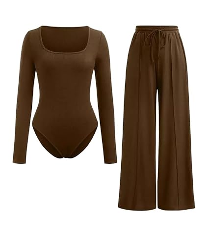 Womens Long Sleeve Scoop Neck Ribbed Bodysuit Wide Leg Trouser Set Ladies two piece Palazzo Co ord Tracksuit (Brown, 8-10)