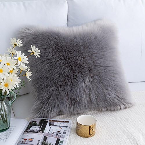 Foindtower Mongolian Plush Faux Fur Square Decorative Throw Pillow Cover Cushion Case New Luxury Series Merino Style for Livingroom Couch Sofa Nursery Bed Home Decor 18x18 Inch (45x45cm) Grey