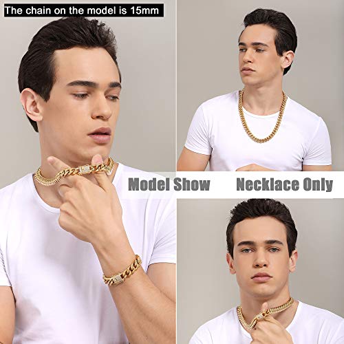 Wintrend Cuban Link Chain Necklace Or Bracelet With Bling Bling Cubic Zirconia Iced-Out Clasp For Men Boys 18K Gold Stainless Steel Hip Hop Miami Curb Chains(12Mm, 16") #TOP6