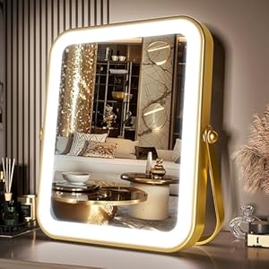 PRIMETEK Vanity Mirror with Lights, 10″x8″ LED Lighted Makeup Mirror, Portable Makeup Mirror with Lights, Touch Screen, 3-Color Lighting, for Vanity Desk Tabletop, Bedroom