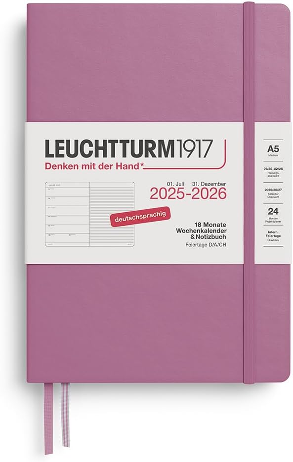 LEUCHTTURM1917 372618 Weekly Calendar & Notebook Medium (A5) 2026, 18 Months 07.2025-12.2026, Hardcover, Spring Leaf, German