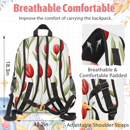 TropicalLife Red Tulips Backpack with Lunch Box Set, Back Pack and Lunch Bag Red Tulips Waterproof Casual Daypack Bag for Work Travel4