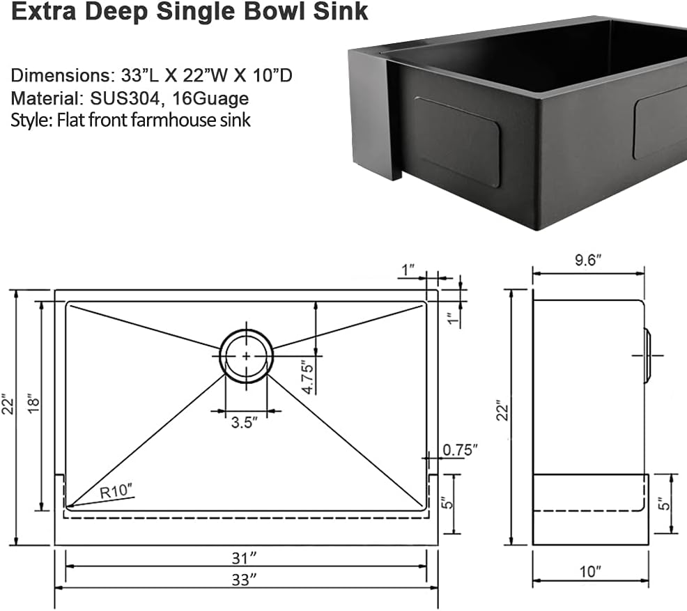 Best Cyber Deals 🔥 33 inch Black Farmhouse Sink-Hovheir Stainless Steel Kitchen Sink Deep Apron Front Sink Dark Gray Apron Front Sink Single Bowl Farmers Sink Apron Sink 16 Gauge Undermount Sink Flat Front Kitchen Sinks