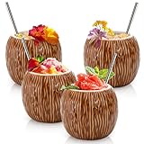 ZENFUN 4 Pack Ceramic Tiki Mugs, 17 oz Coconut Mug, Hawaiian Party Mugs, Cocktail Glasses for Gifts, Tiki Drinking Cups for Mai Tai, Pina Colada, Tiki Bar Professional Barware