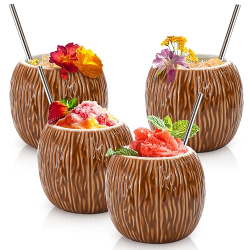 ZENFUN 4 Pack Ceramic Tiki Mugs, 17 oz Coconut Mug, Hawaiian Party Mugs, Cocktail Glasses for Gifts, Tiki Drinking Cups for Mai Tai, Pina Colada, Tiki Bar Professional Barware