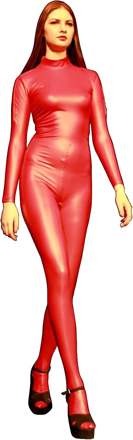LESOYA Women's Sexy Oil Shiny PU Leather Long Sleeve Bodysuit Zipper Crotch Catsuit Jumpsuit Clubwear