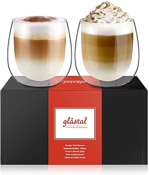 glastal 2x250ml Double Walled Coffee Glasses Mugs Cappuccino Latte Cups
