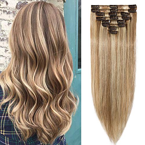 S-noilite Clip in Human Hair Extensions Real Hair Clip on Remy Hair Extension Highlight - 10inch 50g 12/613 Golden Brown with Bleach Blonde - 8 Pieces Natural Straight
