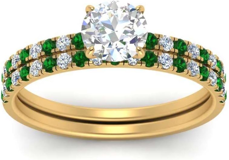 Hidden Halo Half Way Wedding Ring Set Yellow Gold Plated Created Emerald Round Shape Green Color Wedding Ring Sets Prong Setting in Size 11 Handcraft Chakra Healing