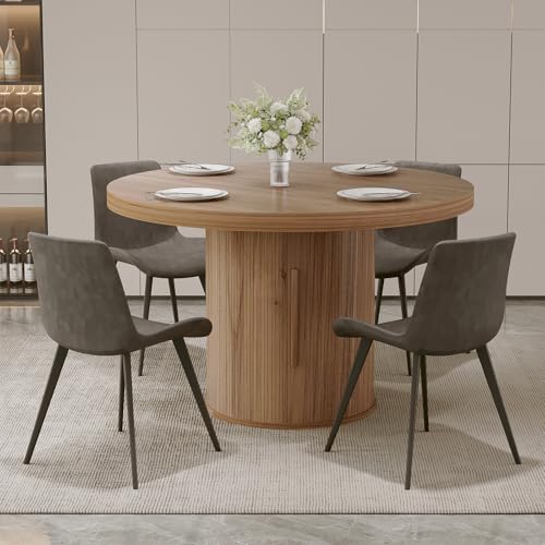 Image of HIPIHOM 5-Piece Dining Set for Small Spaces 43.3 inch Round Table & 4 PU Leather Chairs, Modern Farmhouse with Storage Shelf, Apartment Kitchen Easy Assembly (Walnut Color Round Table + 4 Gray Chairs)