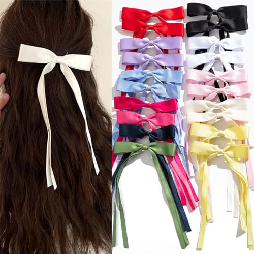 20 Hair Bow Clips with Ribbons, Bowknots, and Long Tails - Barrettes for Women's Hair Styling