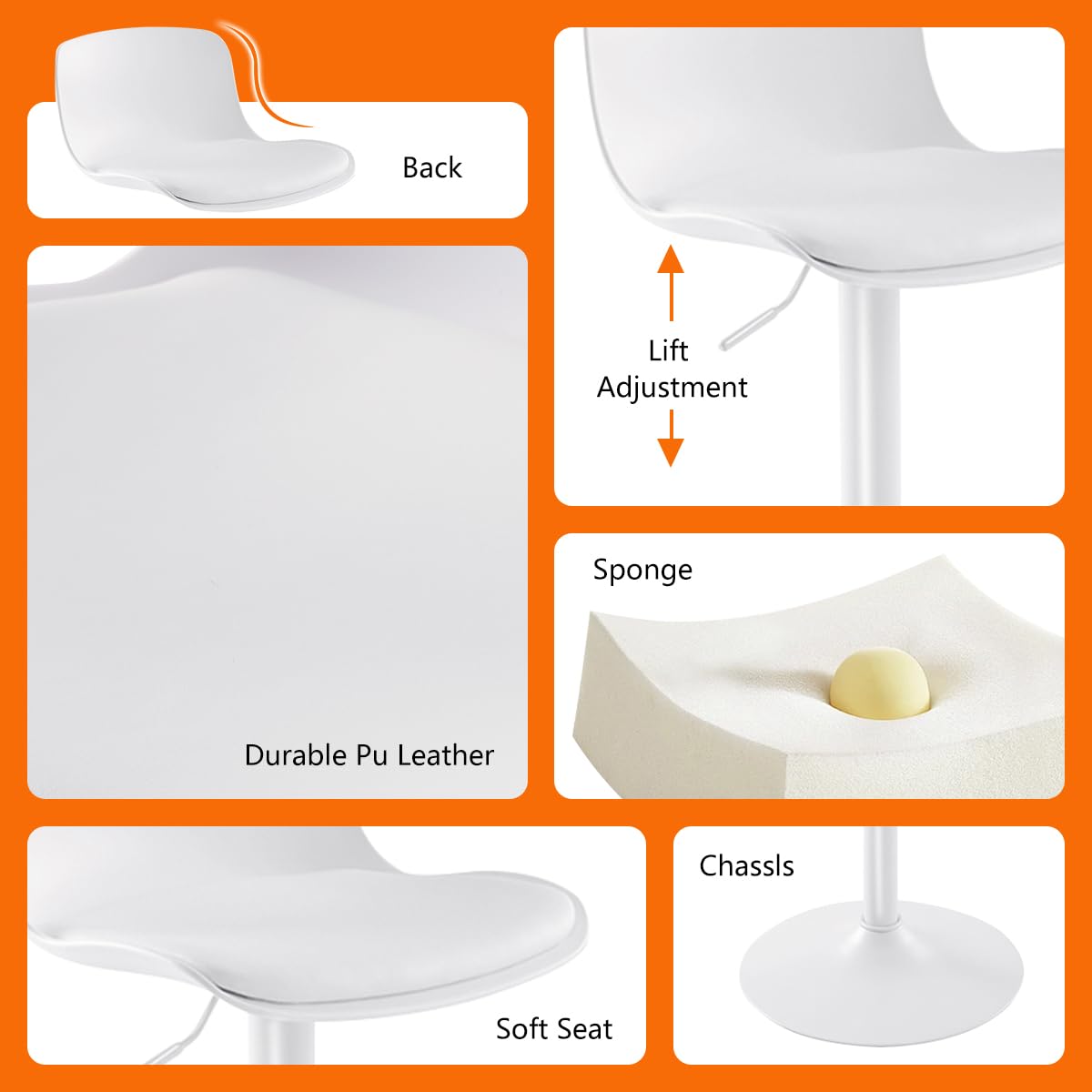 Juego de 2 taburetes de bar blancos ajustables de altura de mostrador, modernos taburetes giratorios de piel sintética con respaldo, taburetes tapizados para isla de cocina, taburetes 6