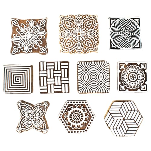 Image of Wooden Indian Traditional Design Printing Stamps /Blocks for Printing Saree Border /Dresses /Craft Card Making /Scrapbook /Clay Pottery (Set of 10)