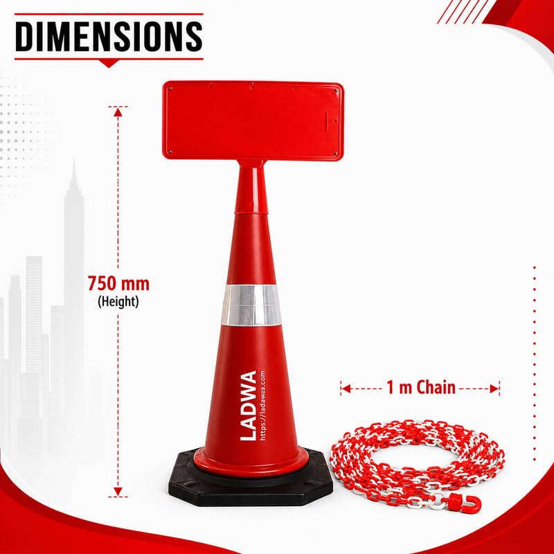 Image of LADWA 750 MM Road Safety Traffic Cone Pack of 1 with 1 Meter Chain, Hooks & Reflective Sign Plate | High Visibility Traffic, Parking, Construction & Warning Safety Cone