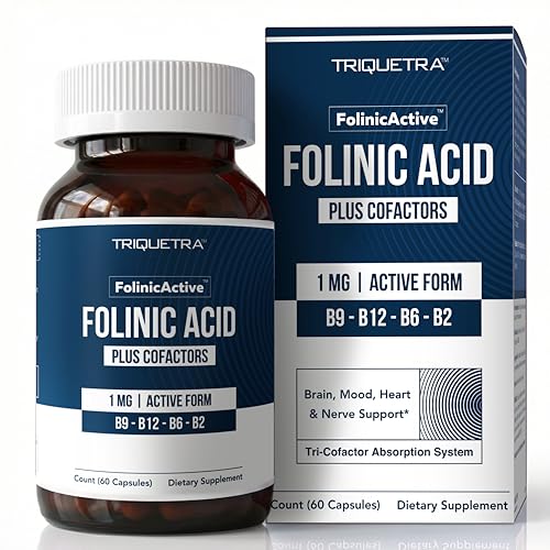 FolinicActive - Folinic Acid 1700 mcg Folate Supplement with Methylcobalamin B12 P-5-P B6 and Riboflavin B2 - Tri-Cofactor Absorption System for Brain Heart Nerve & Mood Support 60 vegan capsules