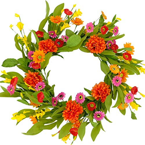 Idyllic 20 Inches Bright Floral Wreath- Artificial Colorful Daisy And Green Leaves Wreath For Summer Indoor Decor cover