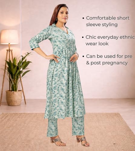 Image of Momenta Women's Pure Cotton Maternity Kurta Set | Feeding Kurti with Concealed Zippers | Maternity Dress for Pre & Post Pregnancy