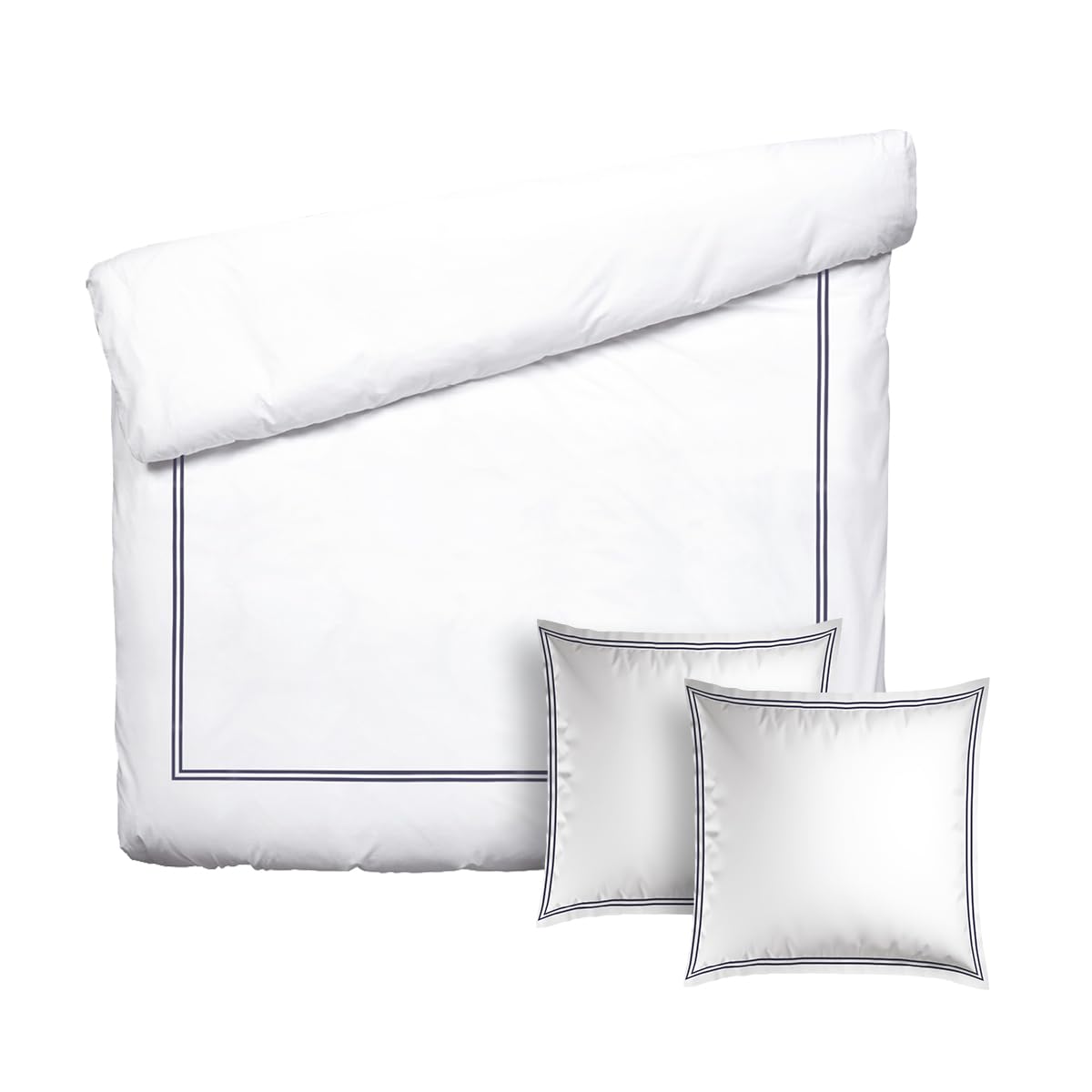 Parure de lit 3 pièces - Housse de Couette 260x240 + 2 taies 63x63 - Satin de Coton TC200 - Fermeture éclair - Oeko-TEX® - Silhouette - Bleu foncé/Blanc