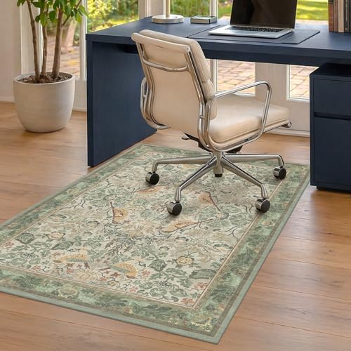 Sage Green 3x4 Office Chair Mat for Hard Wood & Tile Floor, Small Botanical 36"x48" Low Pile Computer Chair Area Rug for Comfort and Floor Protection, Washable Under Desk Rug, Non Slip Rubbe