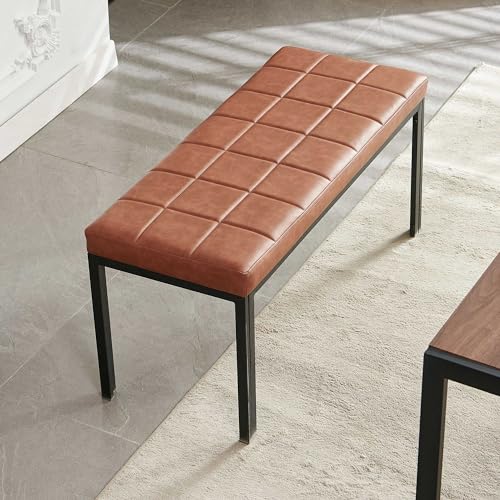 NORDICANA 36.6 Inch Modern Faux Leather Upholstered Dining Bench, Brown Single Ottoman Bench with Steel Legs for Entryway Bedroom - Thumbnail 5