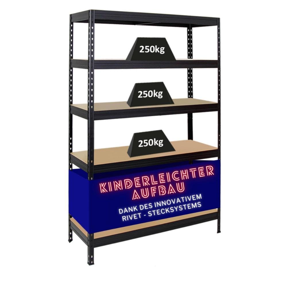 Proregal rek voor zware lasten, zwart, 180 x 120 x 45 cm, vakbelasting 250 kg, kelderrek, steekrek, garagerek, opbergrek